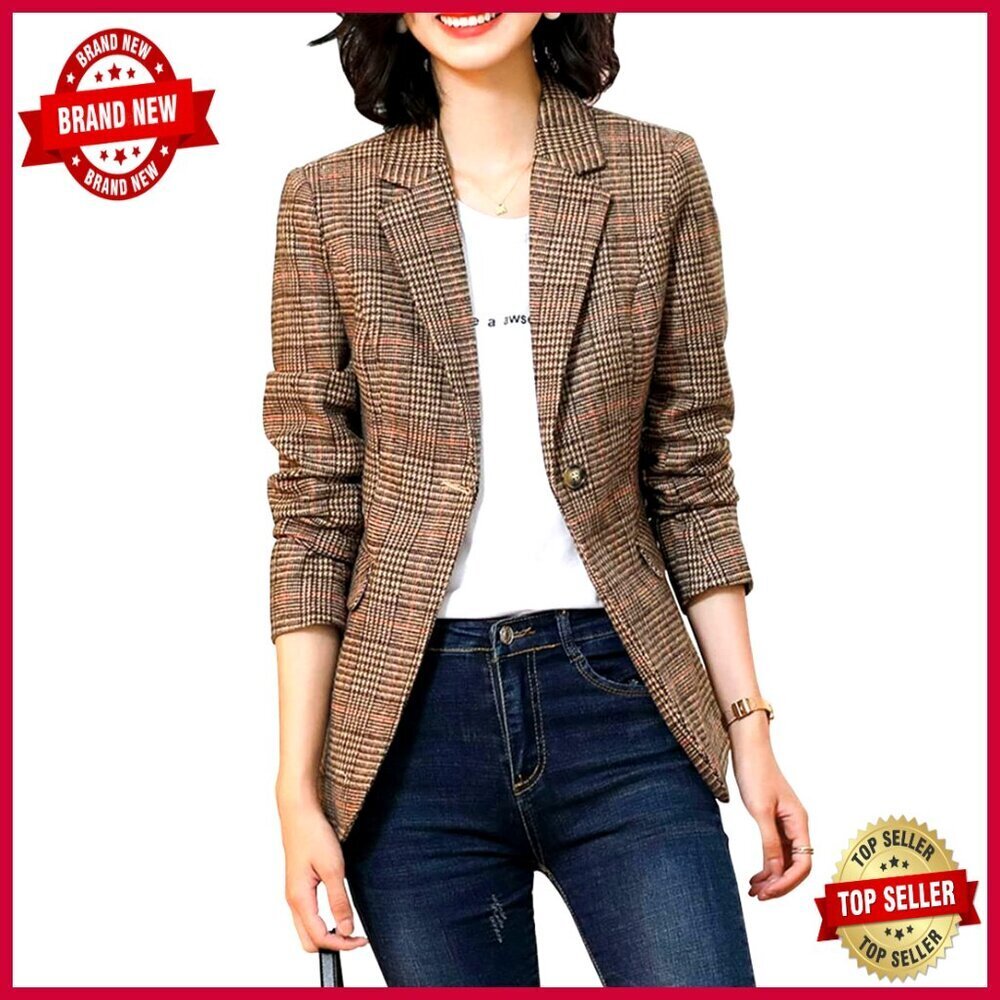 Women's Houndstooth Plaid Blazer Jacket Double Breasted Notch Lapel